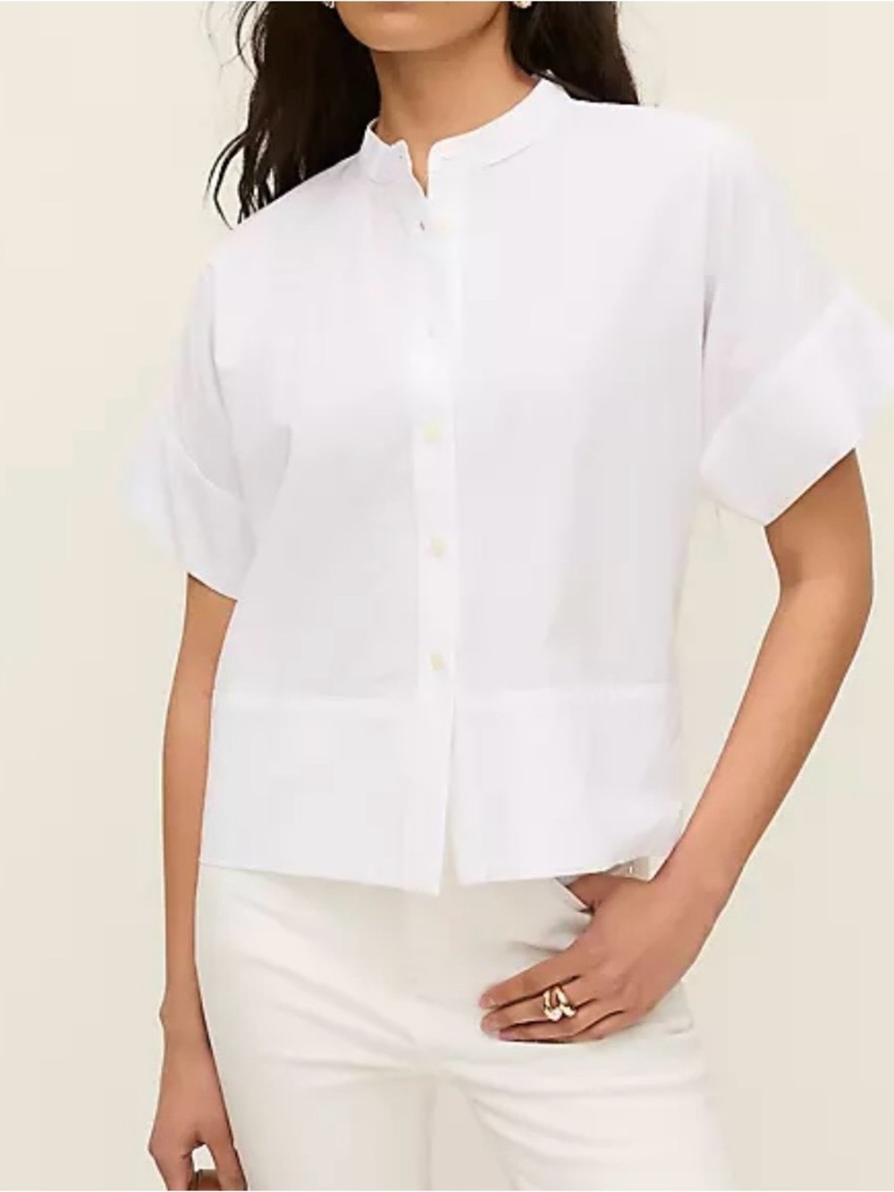 WORN ONCE**Ann Taylor White Short-Sleeve Mandarin Collar Button-Down Shirt Sz L
